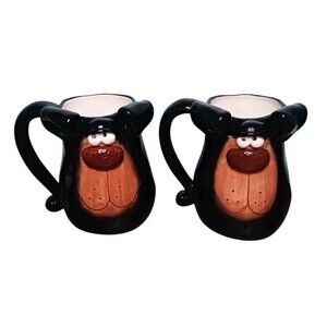 NEW PAIR Russ Berrie Signed Douglas 3D Ceramic Dog Coffee Mugs Cups Brown Black